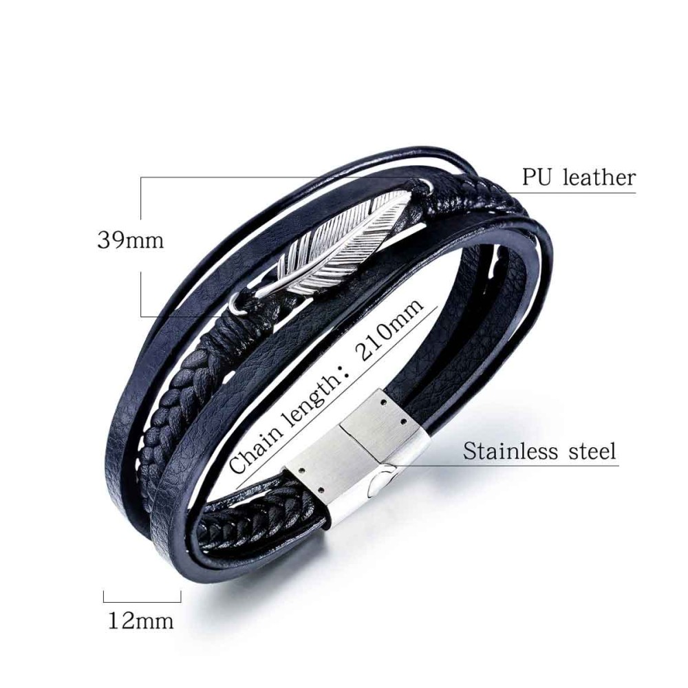 Stainless Steel. Multi-strand bracelet with feather