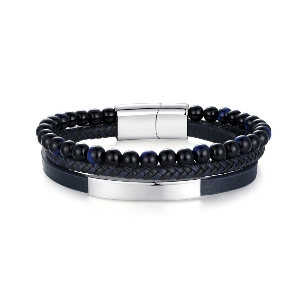 Stainless Steel. Bead and leather men's bracelet