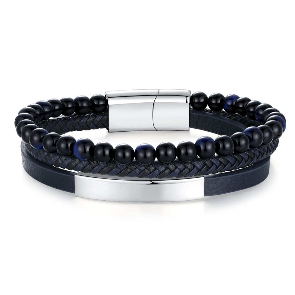 Stainless Steel. Bead and leather men's bracelet